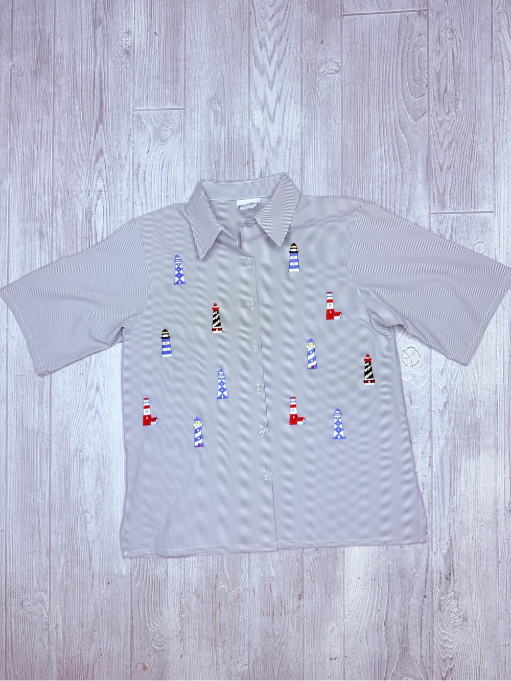 Bonworth short sleeve cotton striped light house embroidered shirt med